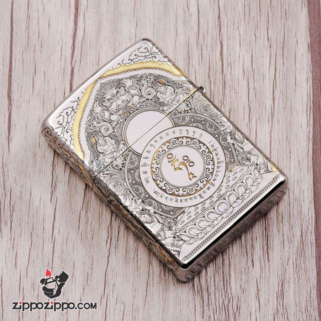 Zippo Chính Hãng Đồng Khắc Đức Phật Ngồi Trên Đài Sen Hoa Văn Tinh Tế Bản Chorme