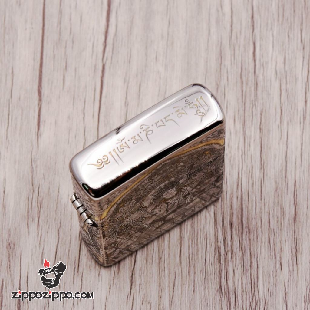 Zippo Chính Hãng Đồng Khắc Đức Phật Ngồi Trên Đài Sen Hoa Văn Tinh Tế Bản Chorme
