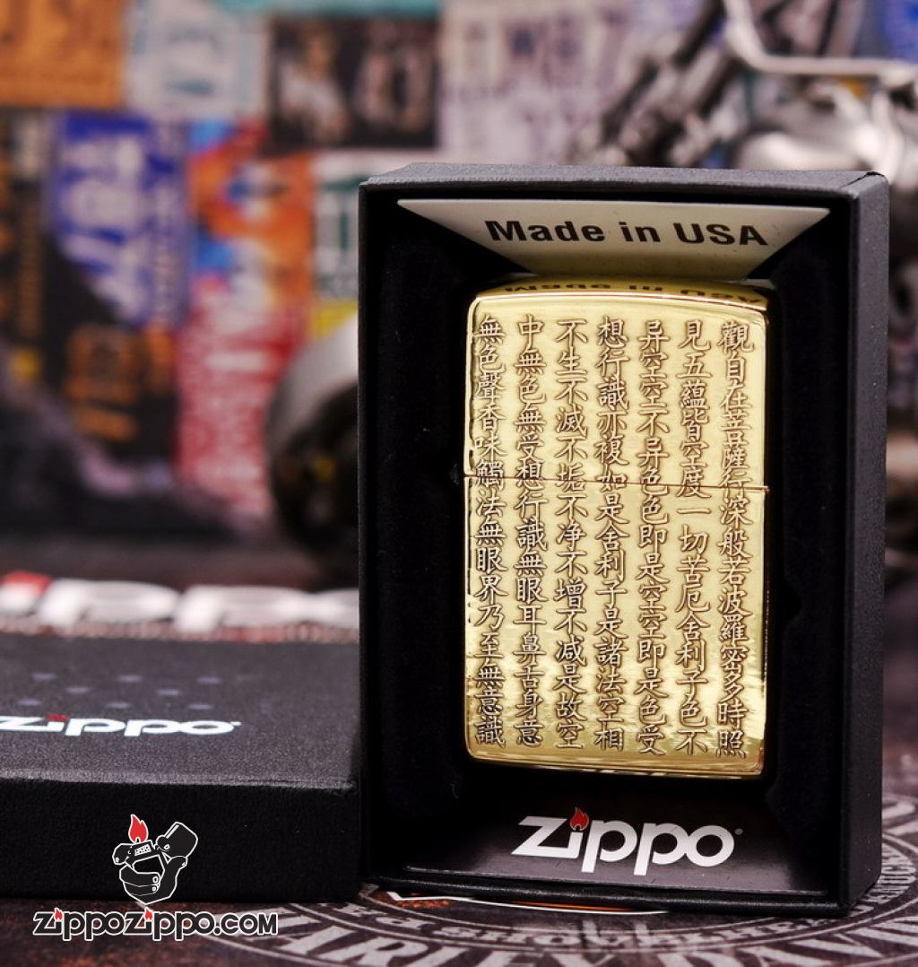 Bật lửa Zippo khắc nổi Tâm kinh đồng bóng bản Amor