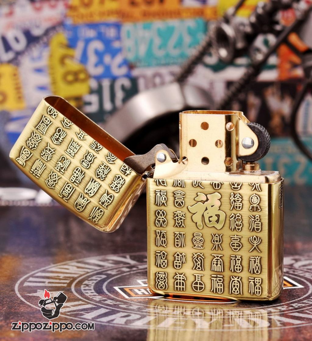 Zippo Chính Hãng Khắc Tranh Bách Phúc Đồng Nguyên Khối