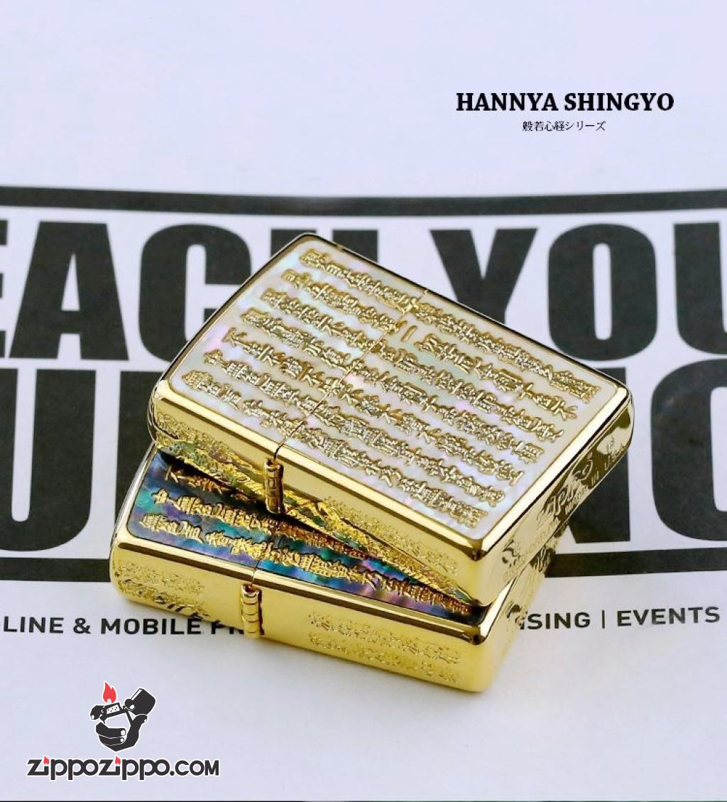 Zippo Chính Hãng Đồng Nguyên Khối Khắc Bát Nhã Tâm Kinh Khảm Trai Xanh