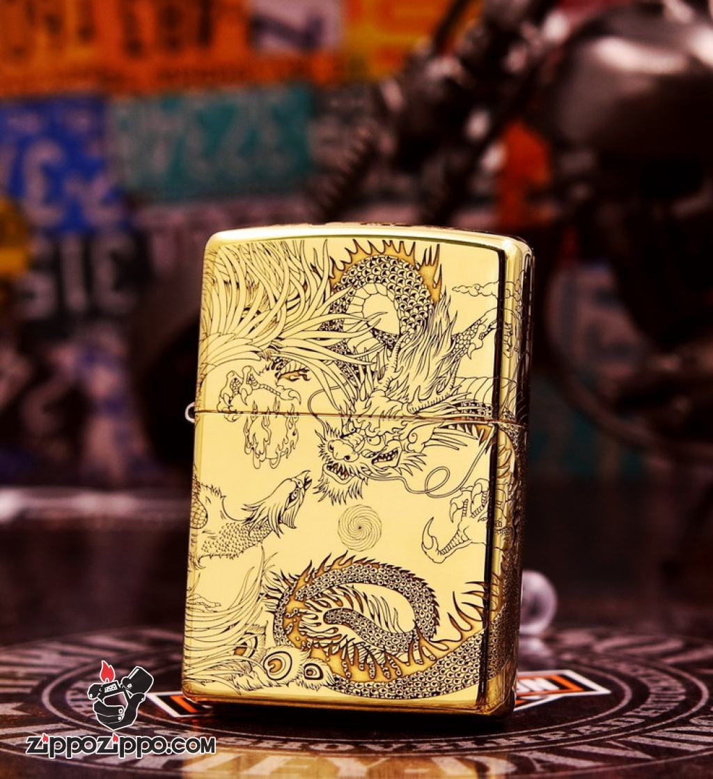 Bật Lửa Zippo Chính Hãng Đồng Nguyên Khối Khắc Rồng Và Phượng