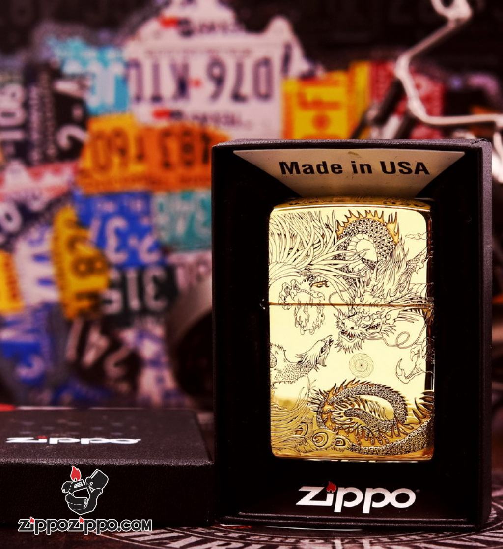 Bật Lửa Zippo Chính Hãng Đồng Nguyên Khối Khắc Rồng Và Phượng