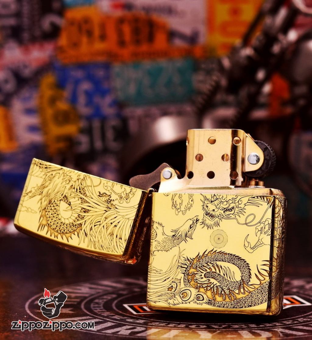 Bật Lửa Zippo Chính Hãng Đồng Nguyên Khối Khắc Rồng Và Phượng