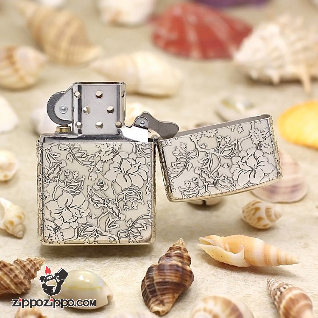 Zippo Chính Hãng Bạc Khối Khắc Vòm Hoa Mẫu Đơn Xung Quanh bản armor