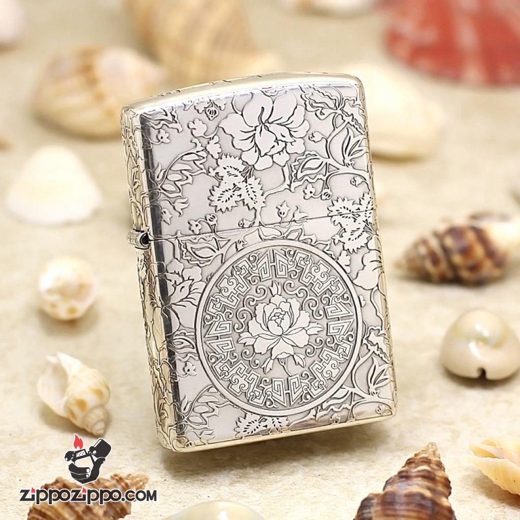 Zippo Chính Hãng Bạc Khối Khắc Vòm Hoa Mẫu Đơn Xung Quanh bản armor