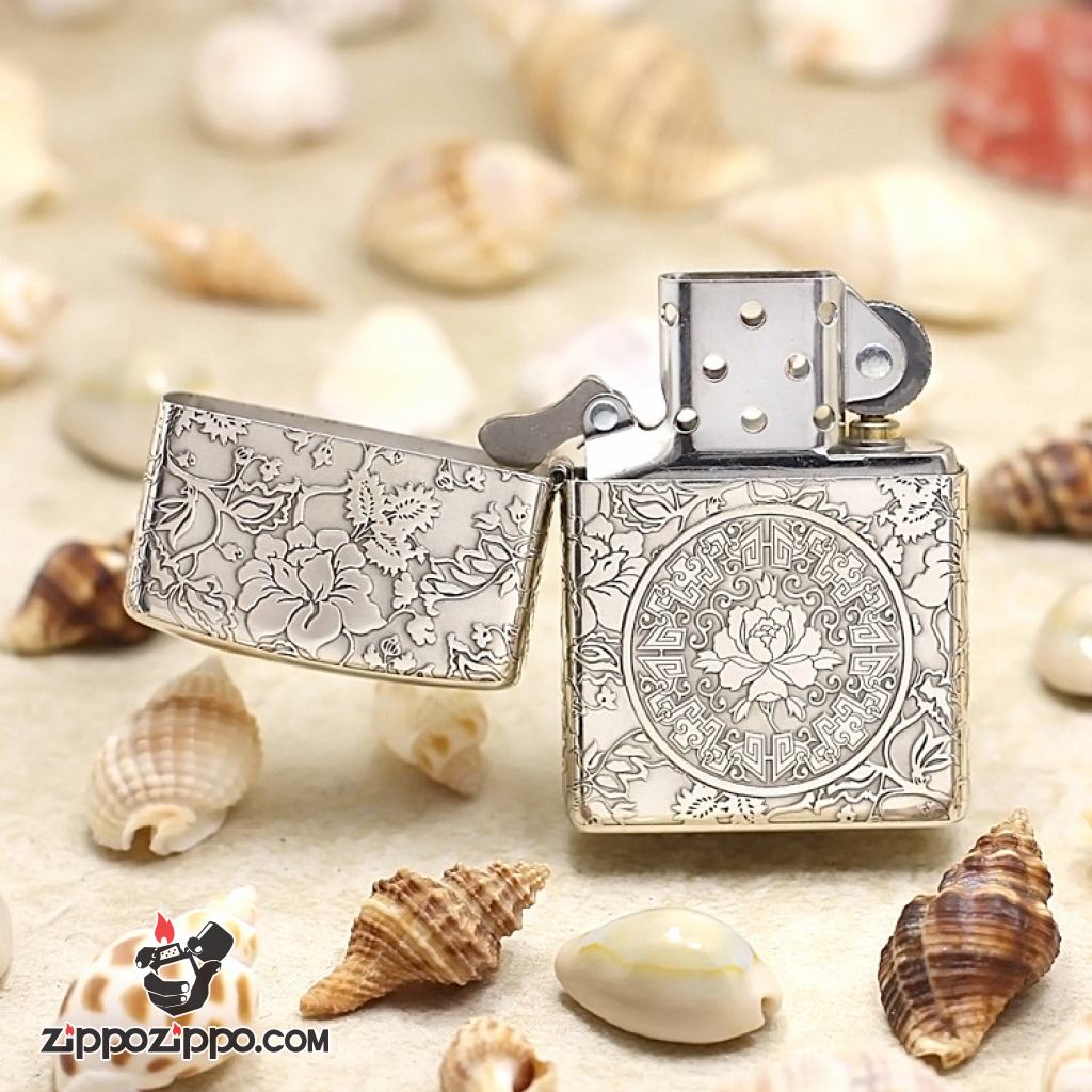 Zippo Chính Hãng Bạc Khối Khắc Vòm Hoa Mẫu Đơn Xung Quanh bản armor