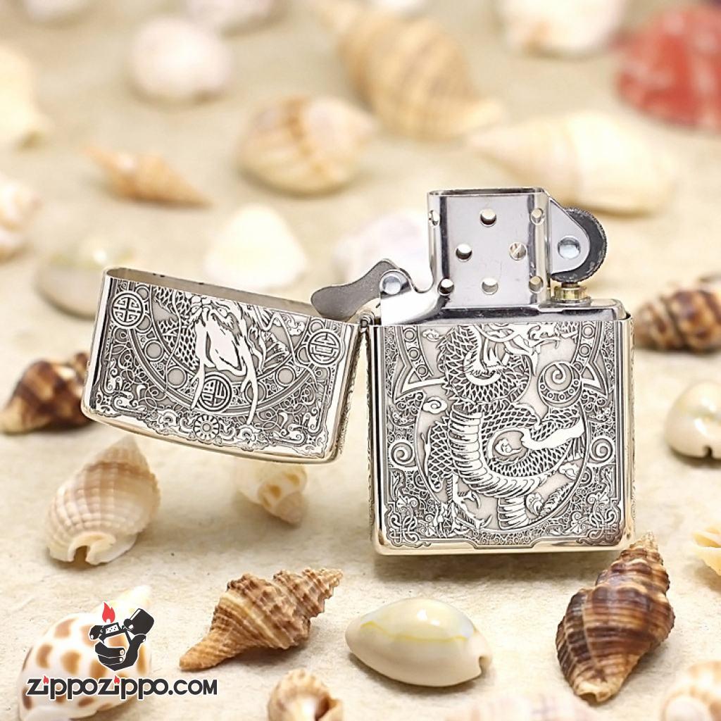 Bật lửa Zippo phiên bản Armor Bạc nguyên khối khắc hình Rồng Châu Á