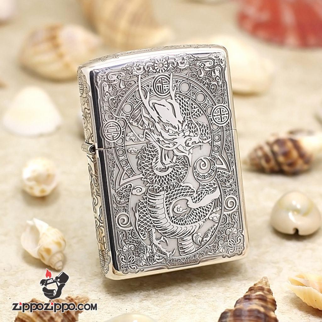 Bật lửa Zippo Bạc nguyên khối cao cấp khắc hình Rồng Châu Á