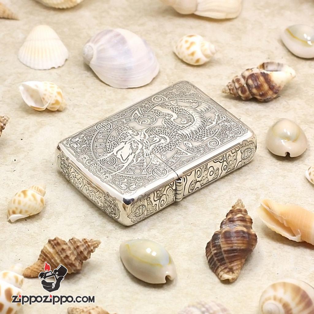 Bật lửa Zippo phiên bản Armor Bạc nguyên khối khắc hình Rồng Châu Á