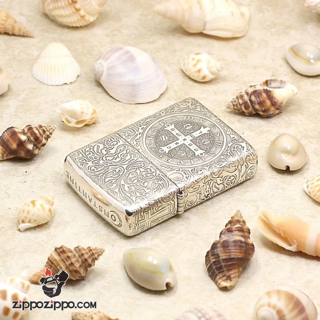 Bật Lửa Zippo Bạc nguyên khối Cao Cấp khắc hình Nổi Constantine