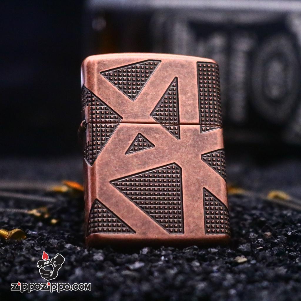 Zippo Armor đồng đỏ giả cổ khăc  hoa văn hình học không gian bao quanh lên 4 mặt