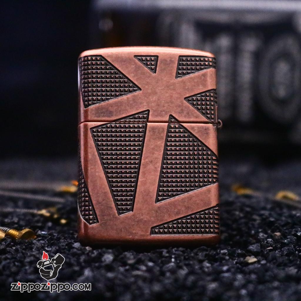 Zippo Armor đồng đỏ giả cổ khăc  hoa văn hình học không gian bao quanh lên 4 mặt