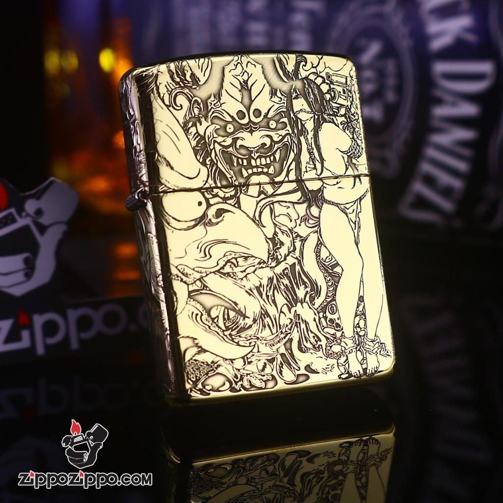 Zippo Đồng Nguyên Khối Khắc Hình Cô Gái Và Quỷ Dữ Amor