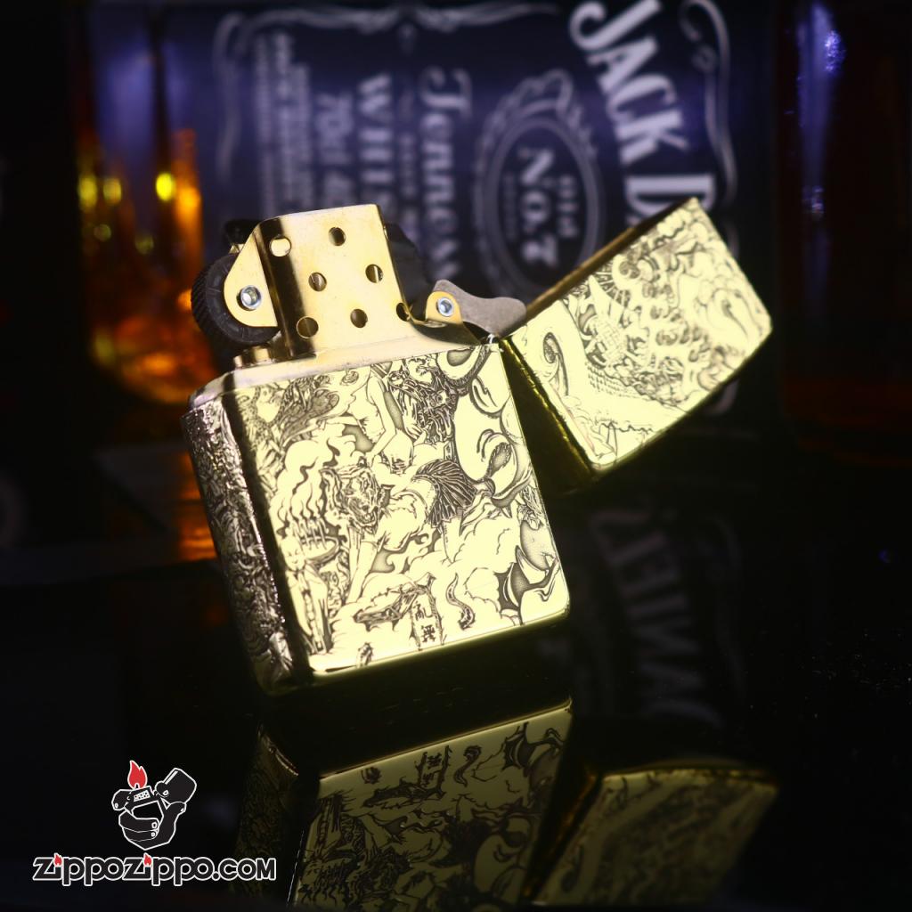 Zippo Đồng Nguyên Khối Khắc Hình Cô Gái Và Quỷ Dữ Amor