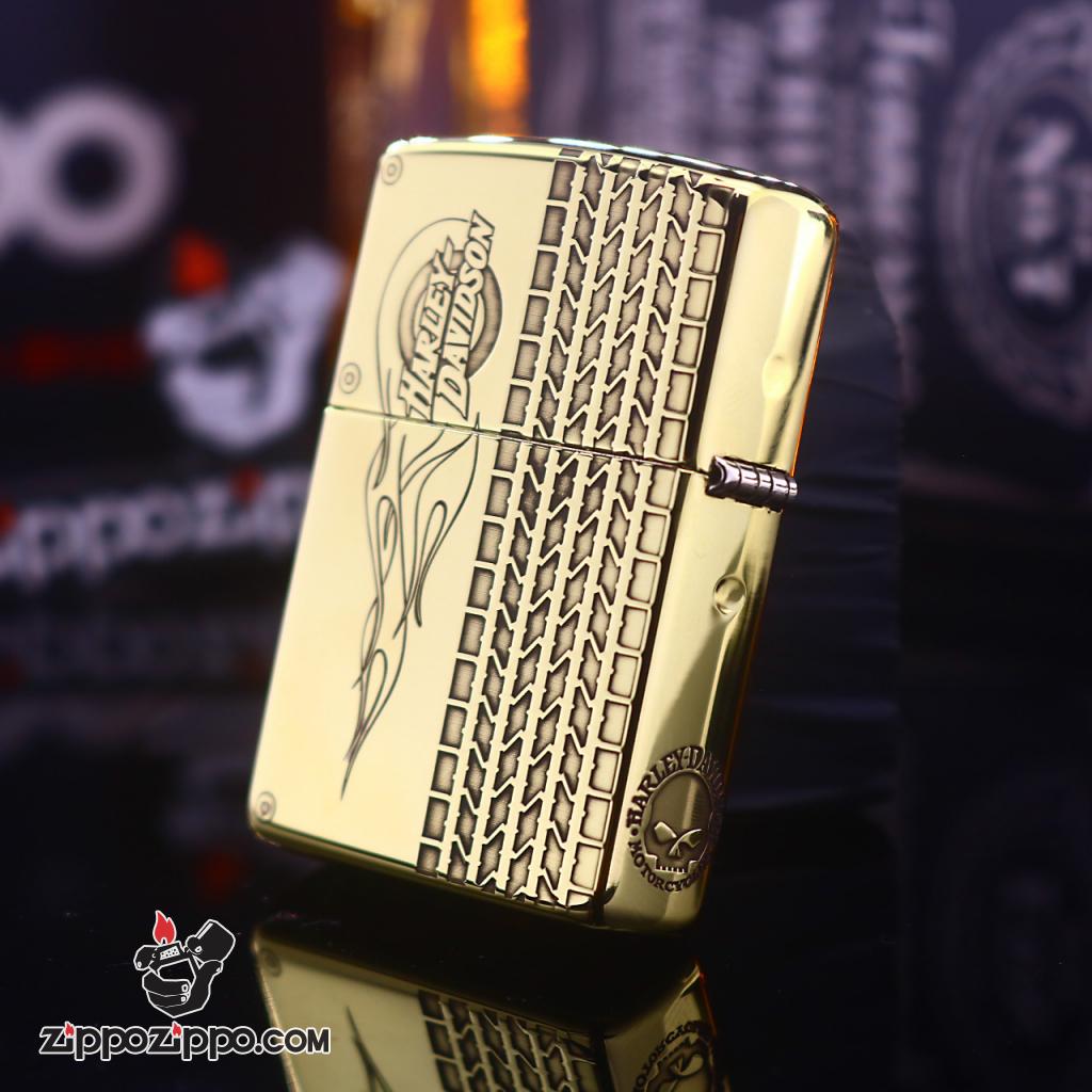 Bật lửa Zippo đồng khối khắc skull moto Harley Davidson