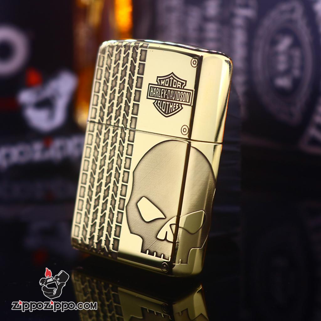 Bật lửa Zippo đồng khối khắc skull moto Harley Davidson