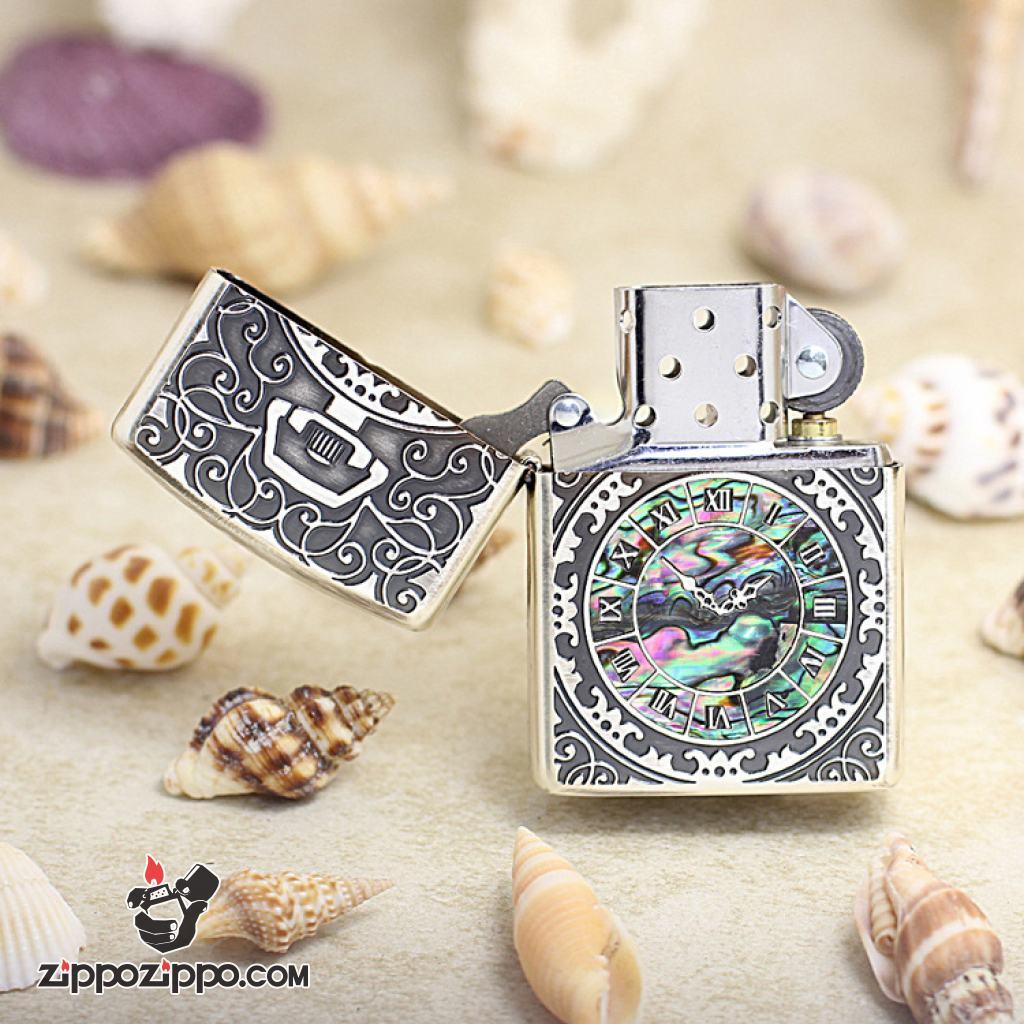 Bật Lửa Zippo Đồng Hồ Cổ Điển Màu Bạc Cổ Khảm Trai