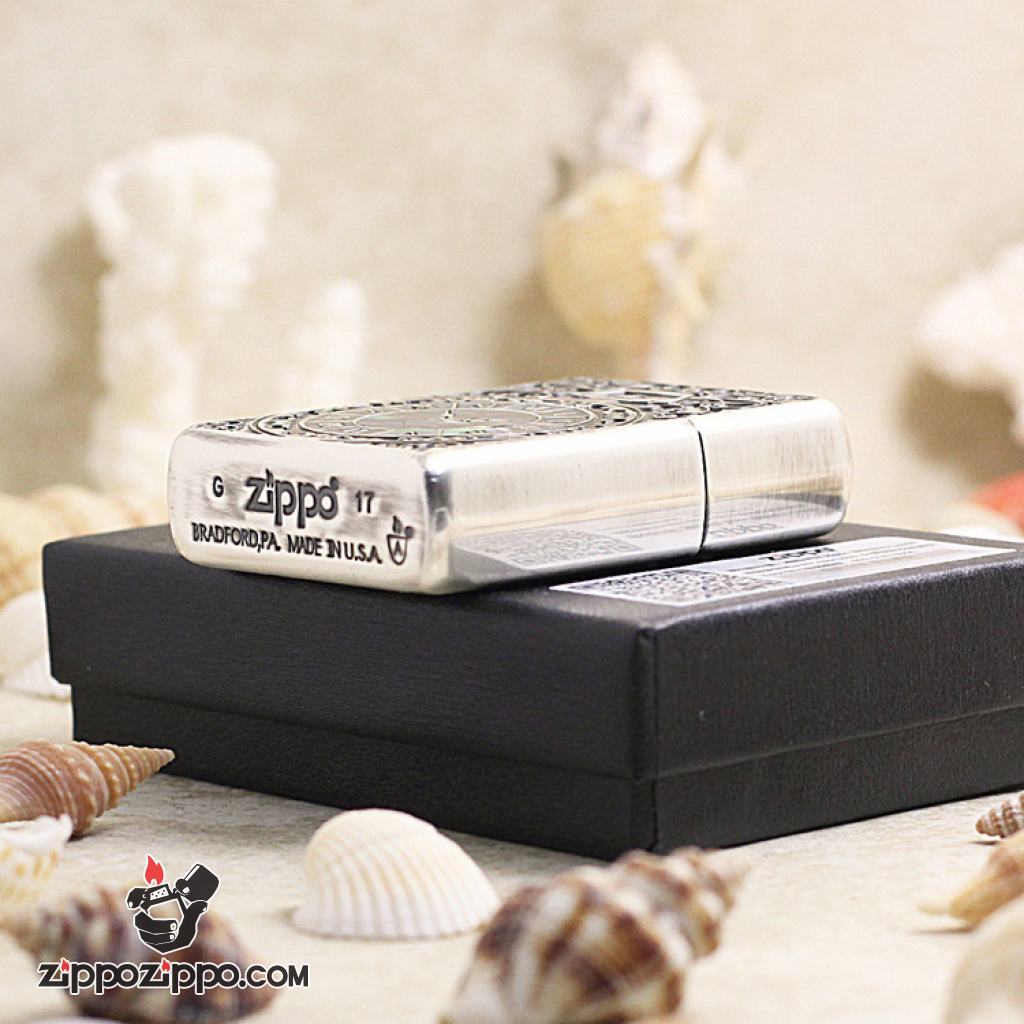 Bật Lửa Zippo Đồng Hồ Cổ Điển Màu Bạc Cổ Khảm Trai
