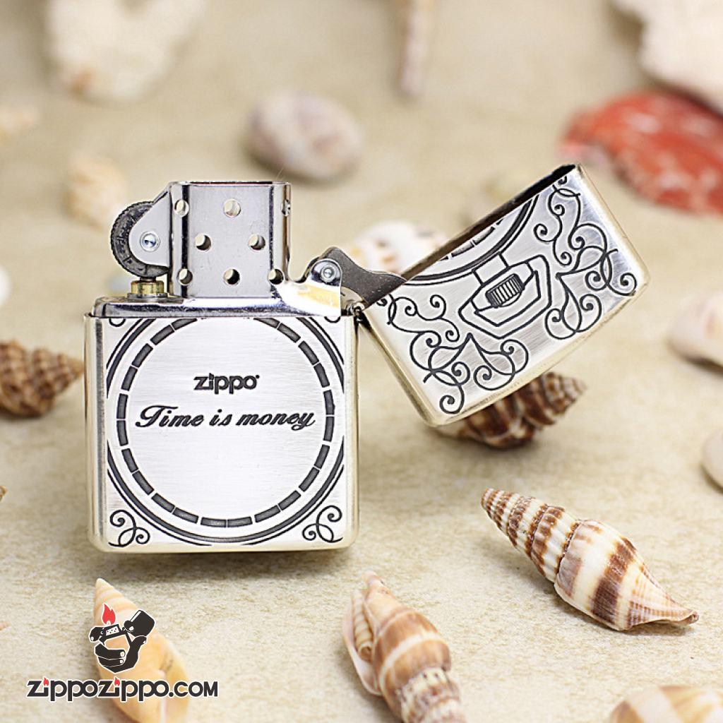 Bật Lửa Zippo Đồng Hồ Cổ Điển Màu Bạc Cổ Khảm Trai
