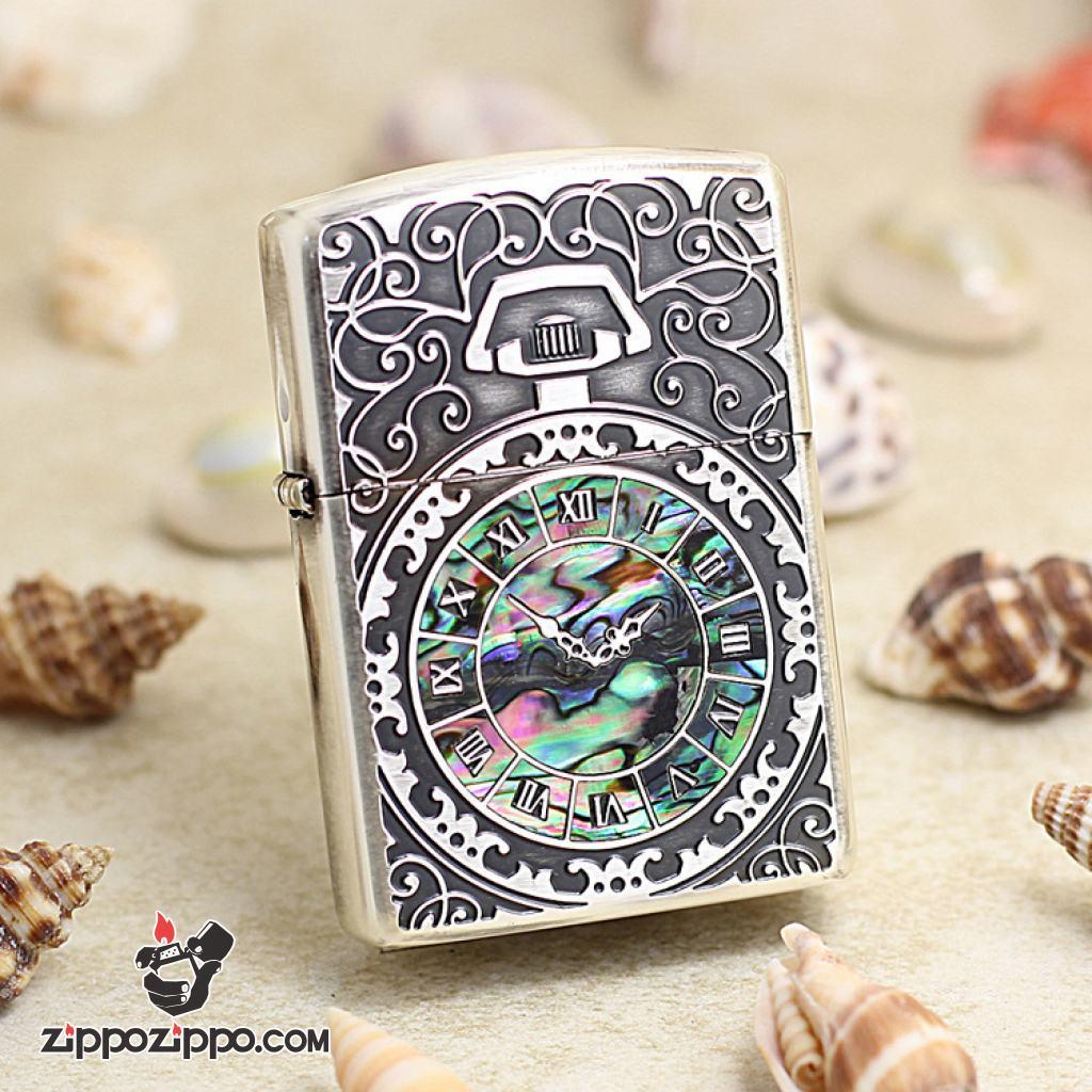 Bật Lửa Zippo Đồng Hồ Cổ Điển Màu Bạc Cổ Khảm Trai
