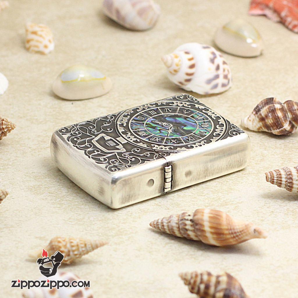 Bật Lửa Zippo Đồng Hồ Cổ Điển Màu Bạc Cổ Khảm Trai