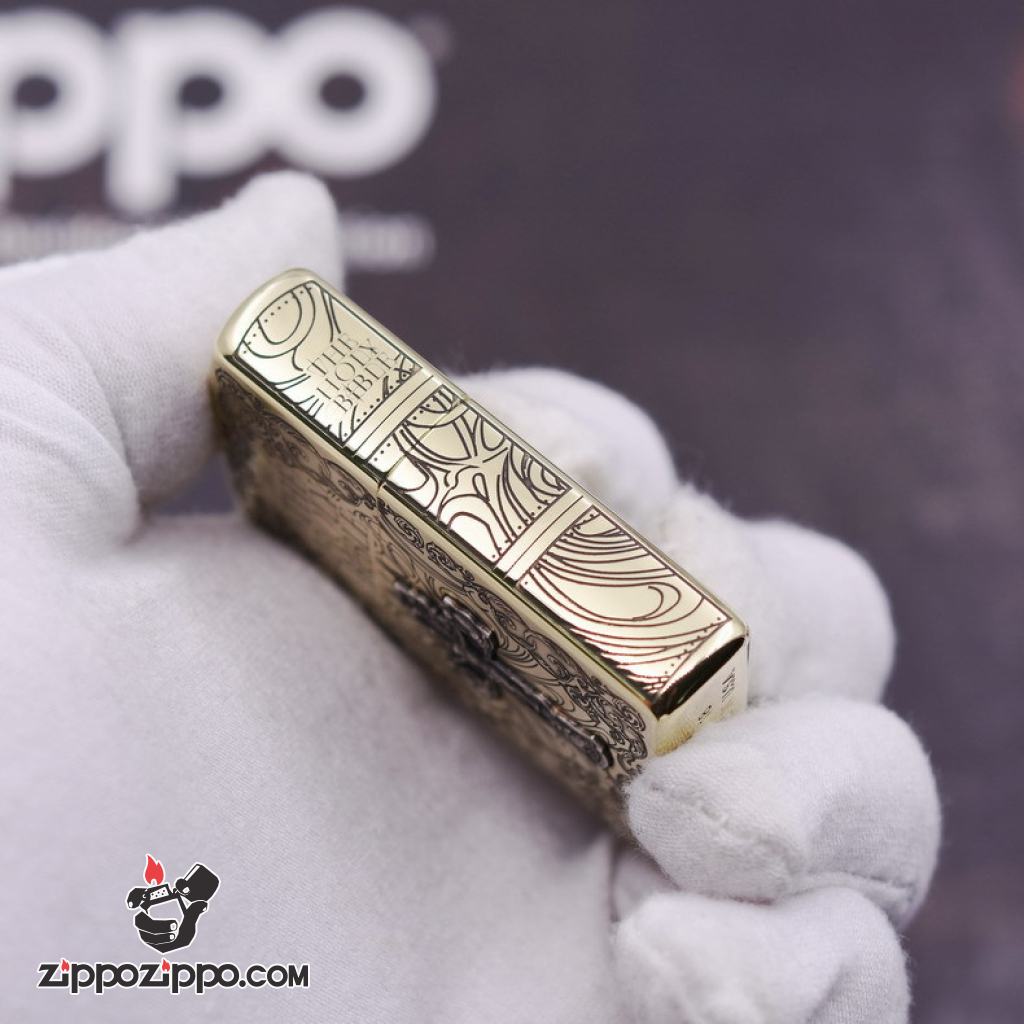 Bật Lửa Zippo Khắc Chữ Thập Và Kinh Thánh Màu Vàng Bản Ốp Nổi Bản Amor
