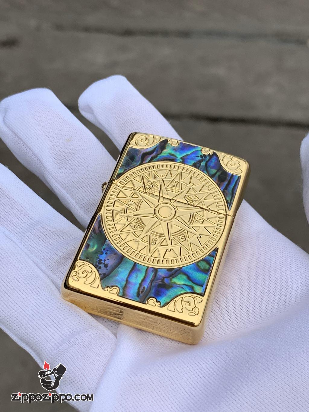 Bật Lửa Zippo Chính Hãng Xuất Nhật Khắc Mười Tám Sao La Bàn Khảm Trai Màu Vàng