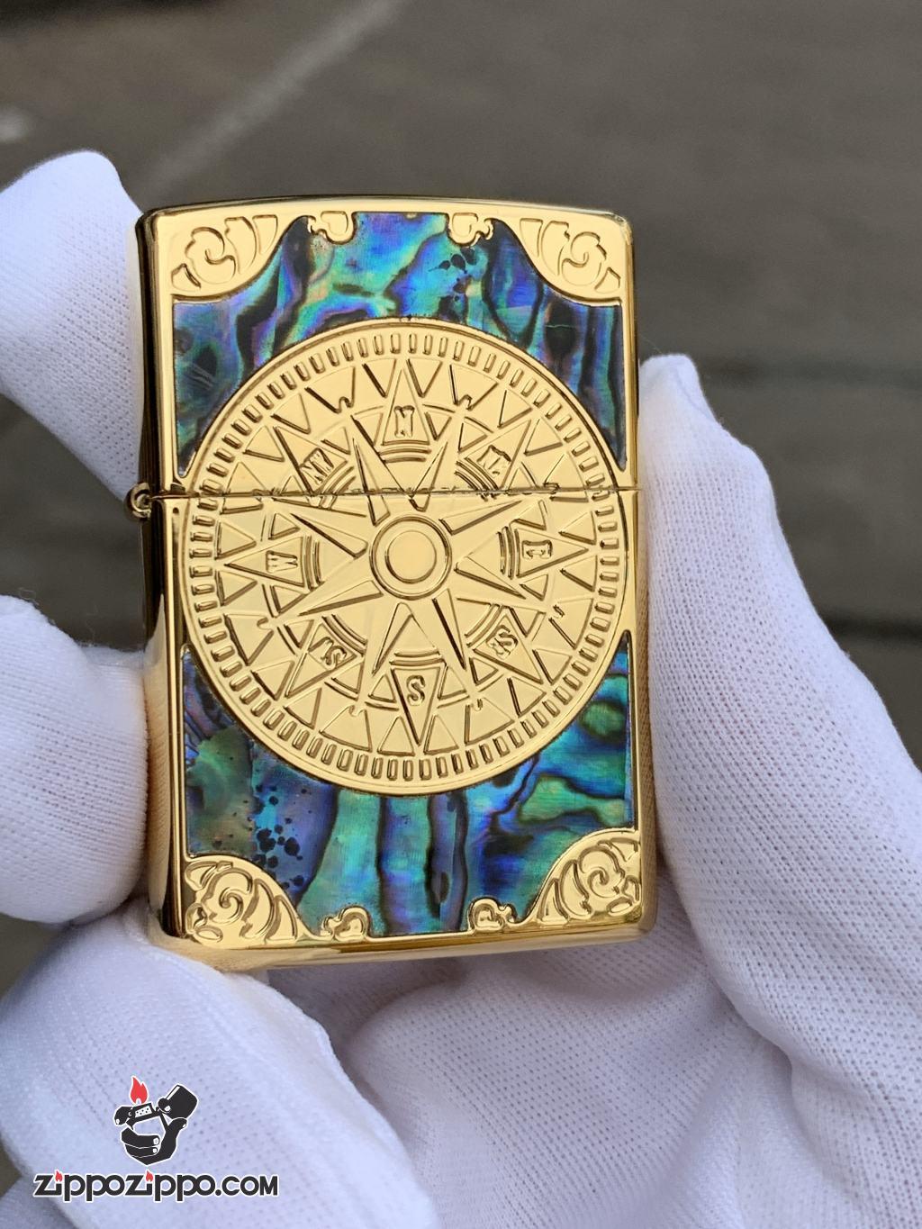 Bật Lửa Zippo Chính Hãng Xuất Nhật Khắc Mười Tám Sao La Bàn Khảm Trai Màu Vàng