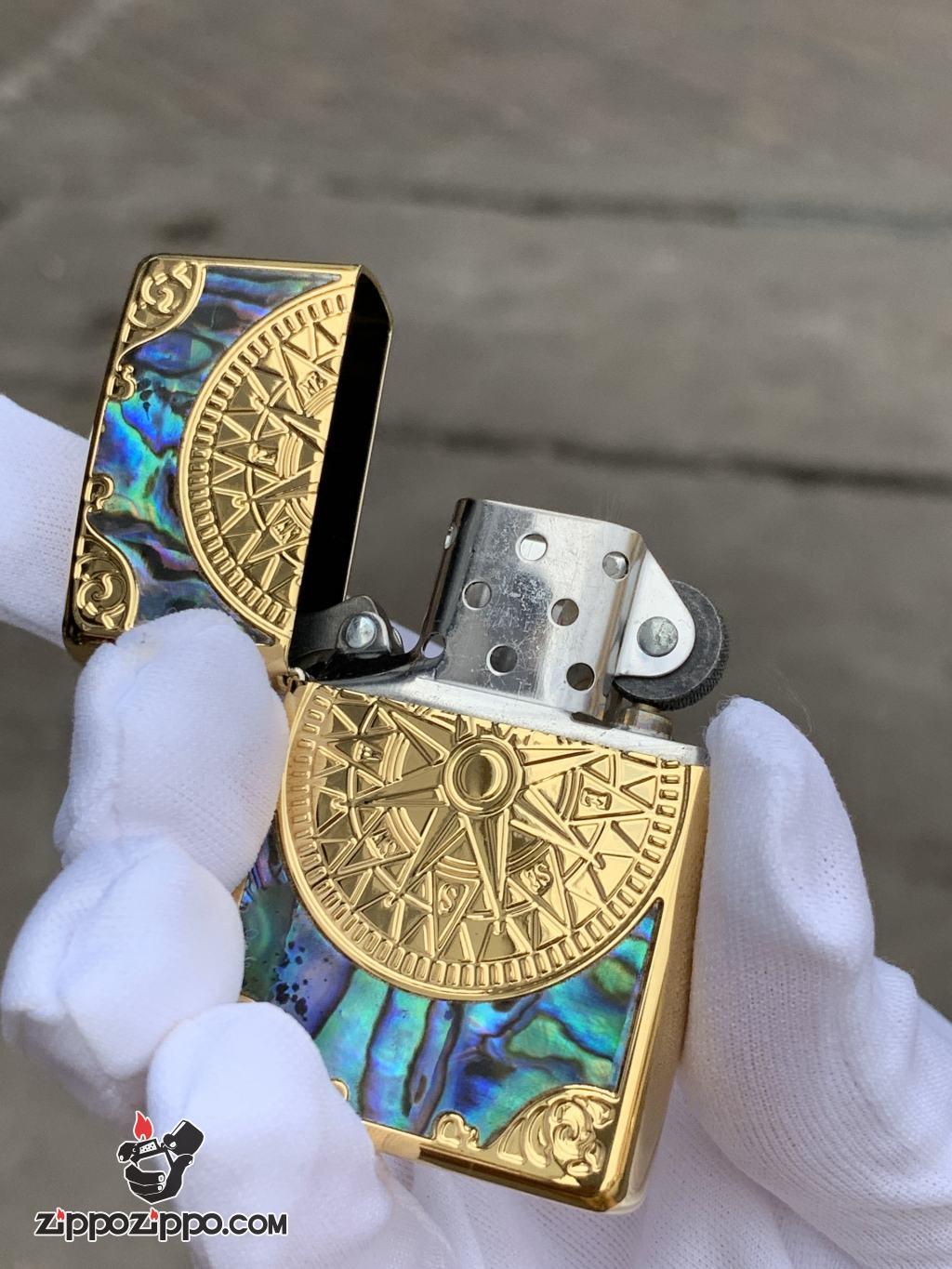 Bật Lửa Zippo Chính Hãng Xuất Nhật Khắc Mười Tám Sao La Bàn Khảm Trai Màu Vàng