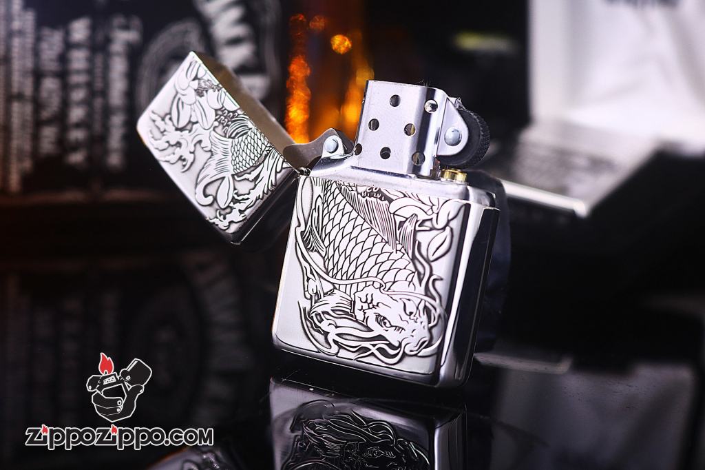 Bật lửa Zippo Bạc nguyên khối cao cấp khắc Hình Cá Chép Bản Amor
