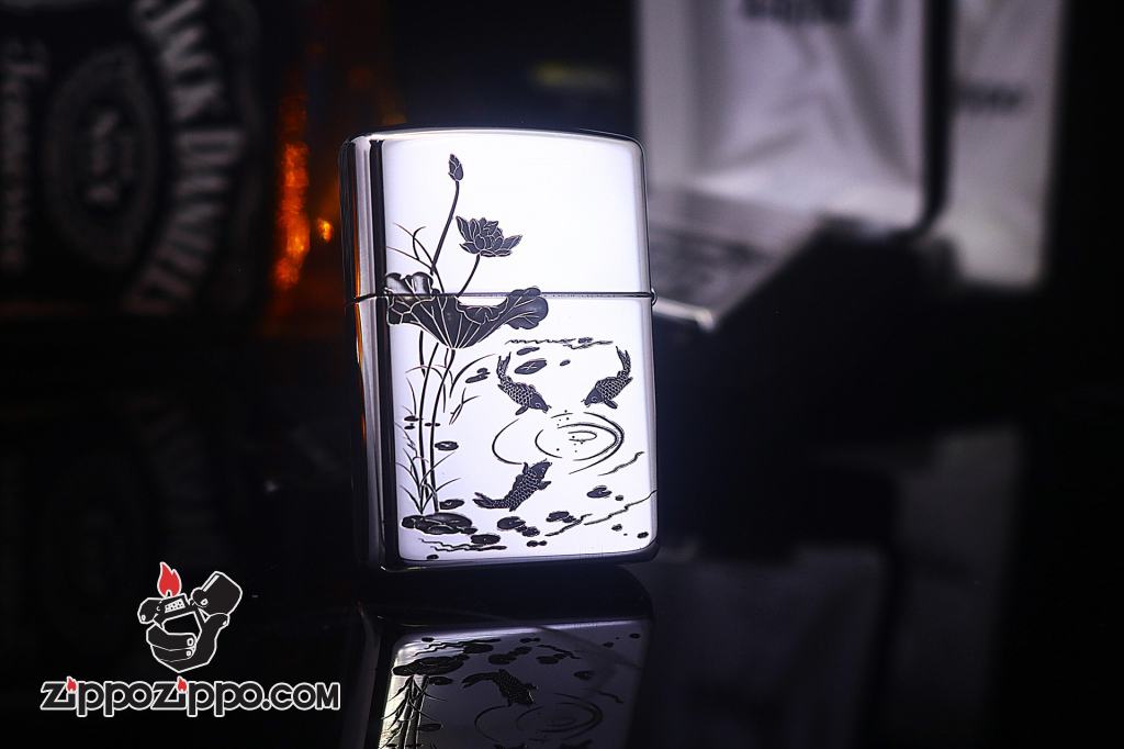 Bật lửa Zippo Bạc nguyên khối cao cấp khắc Hình Cá Chép Bản Amor