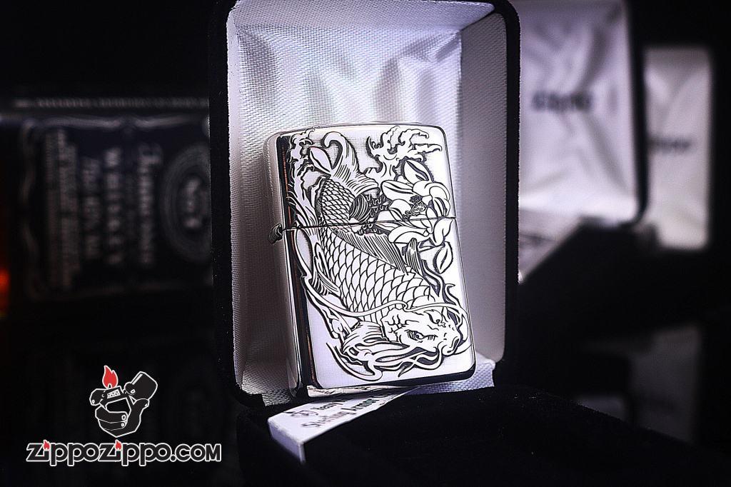Bật lửa Zippo Bạc nguyên khối cao cấp khắc Hình Cá Chép Bản Amor
