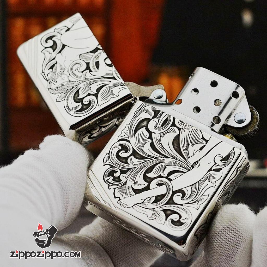 Bật Lửa Zippo Bạc Nguyên Khối Cao Cấp Khắc Thần Rừng Bản Chém Góc