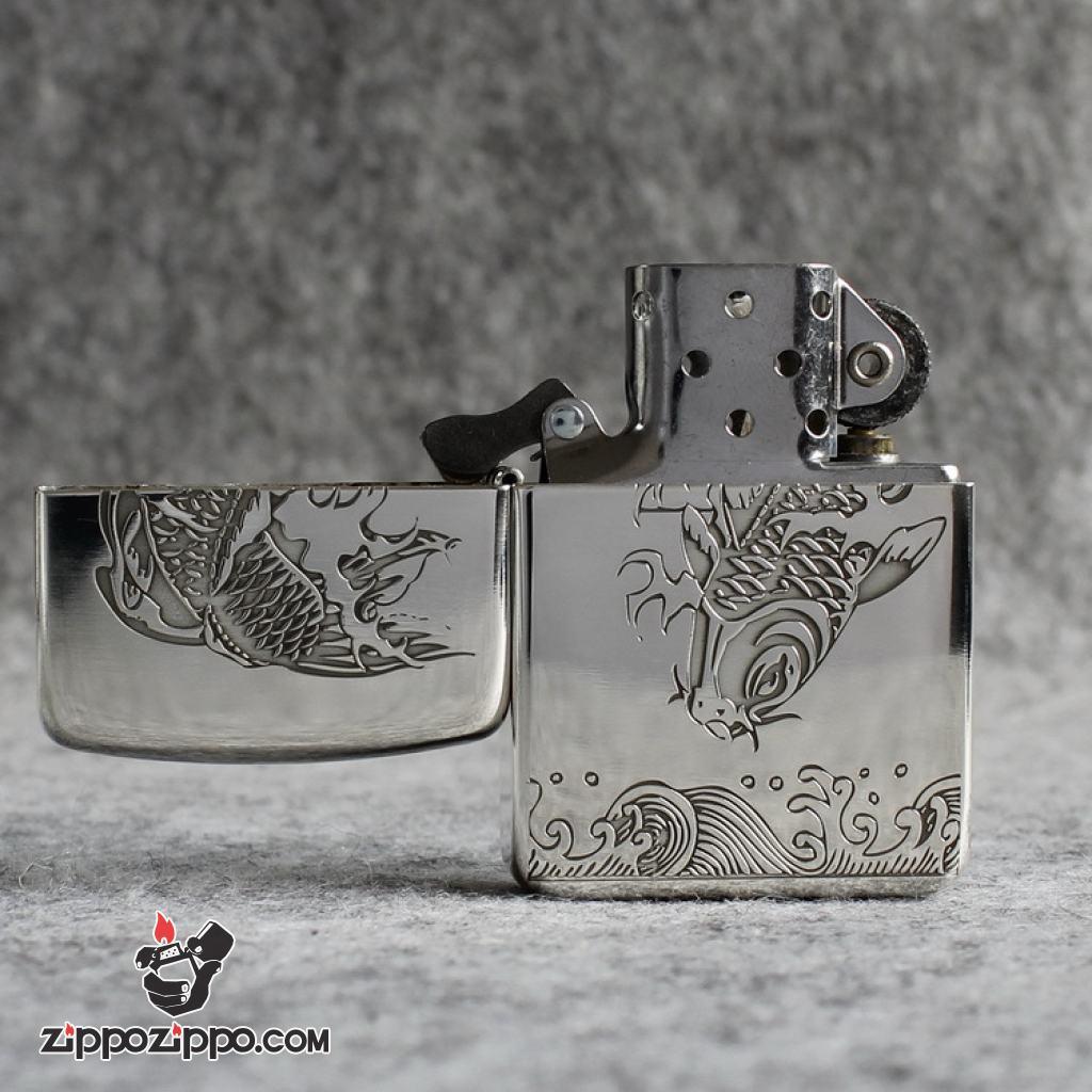 Bật Lửa Zippo Bạc Nguyên Khối Cao Cấp Khắc Cá Chép Hóa Rồng Bản 1941