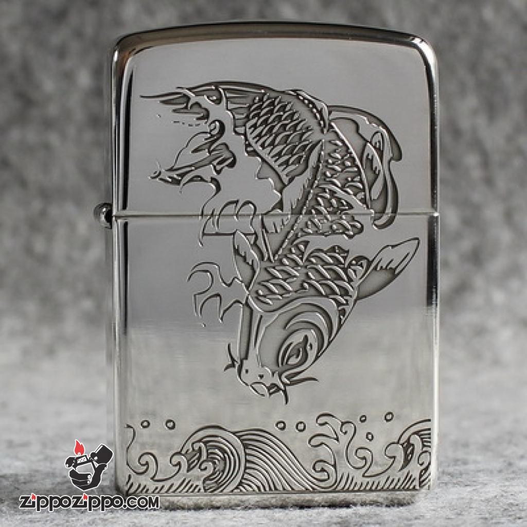 Bật Lửa Zippo Bạc Nguyên Khối Cao Cấp Khắc Cá Chép Hóa Rồng Bản 1941