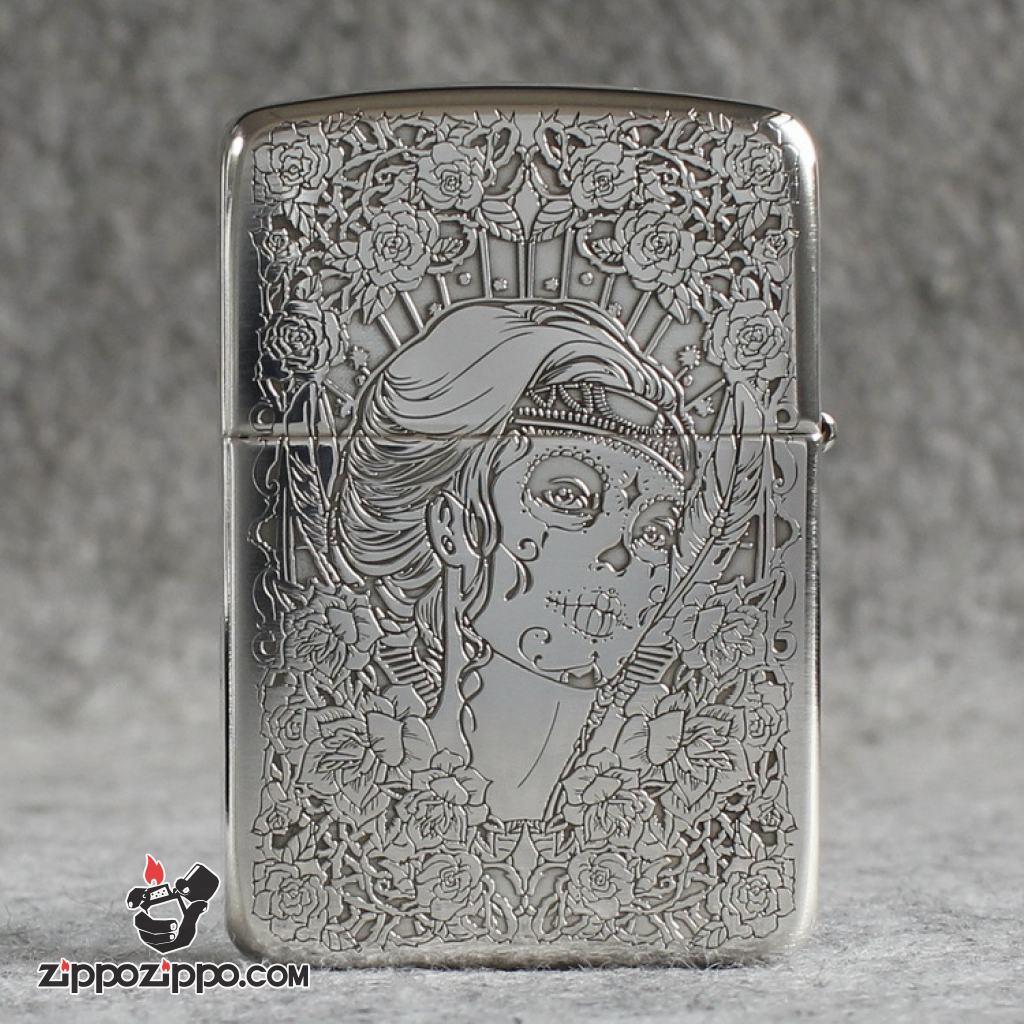 Bật Lửa Zippo Bạc Nguyên Khối Cao Cấp Khắc Cô Gái Sexy Và Đâu Lâu Phiên Bản 1941