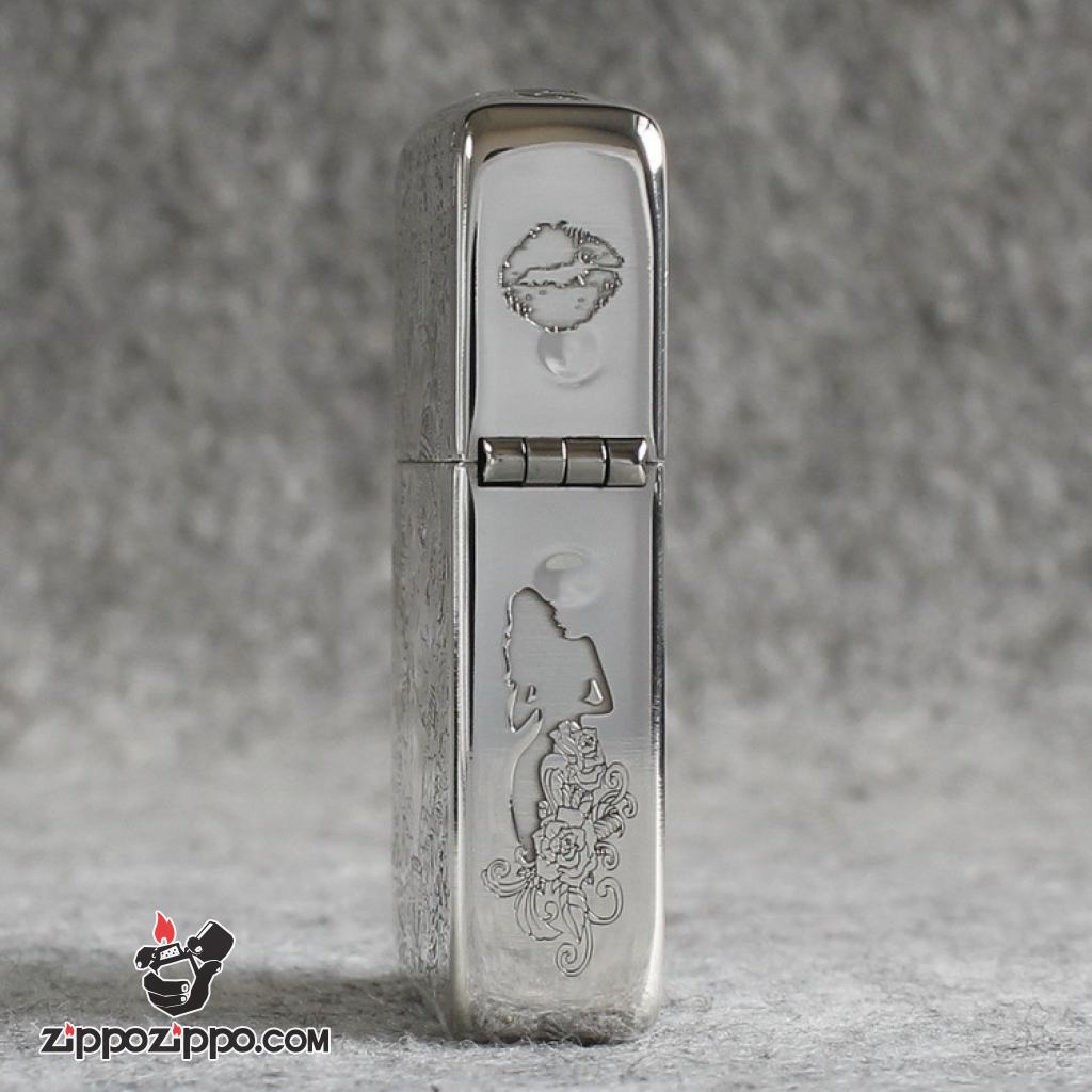 Bật Lửa Zippo Bạc Nguyên Khối Cao Cấp Khắc Cô Gái Sexy Và Đâu Lâu Phiên Bản 1941