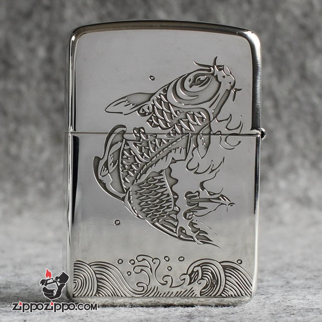 Bật Lửa Zippo Bạc Nguyên Khối Cao Cấp Khắc Cá Chép Hóa Rồng Bản 1941
