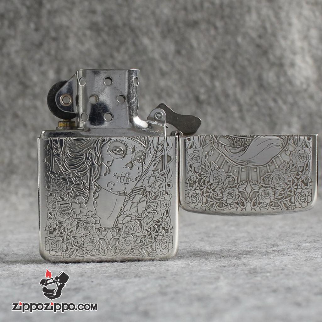 Bật Lửa Zippo Bạc Nguyên Khối Cao Cấp Khắc Cô Gái Sexy Và Đâu Lâu Phiên Bản 1941