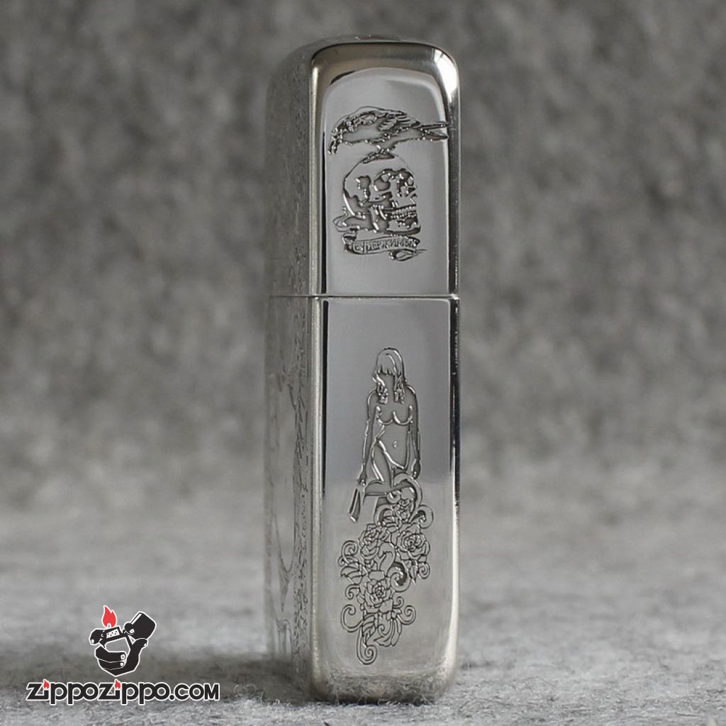Bật Lửa Zippo Bạc Nguyên Khối Cao Cấp Khắc Cô Gái Sexy Và Đâu Lâu Phiên Bản 1941