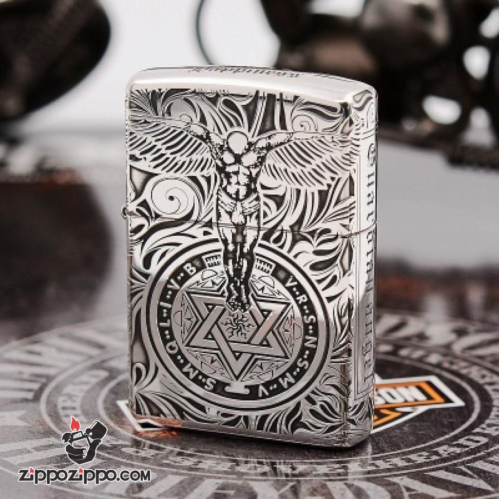 Bật lửa Zippo chính hãng bạc nguyên khối cao cấp khắc thiên thần bản armor