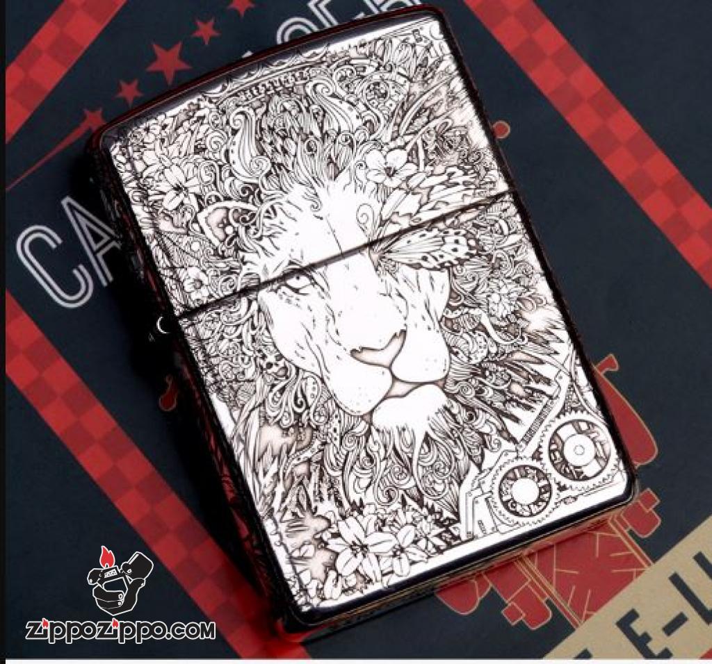 Bật Lửa Zippo Bạc Nguyên Khối Cao Cấp Khắc Lion Punk