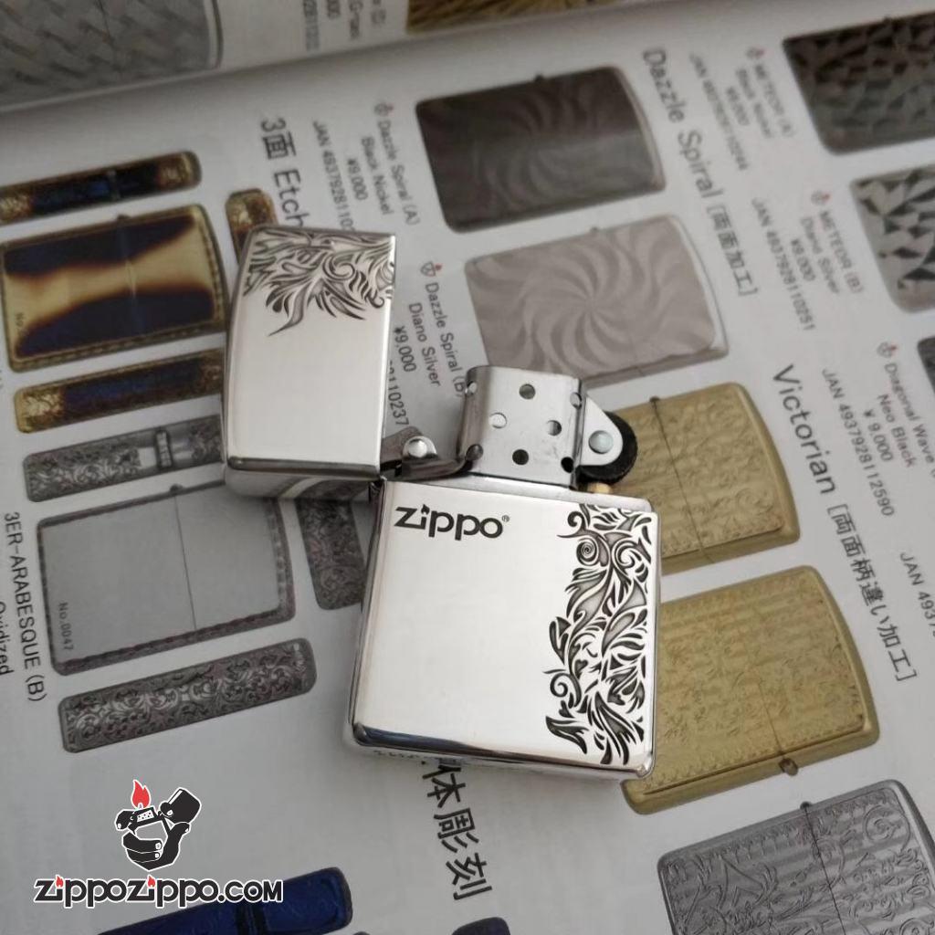 Bật Lửa Zippo Bạc Nguyên Khối Cao Cấp Khắc Họa Tiết Hoa Văn ý Bản Armor
