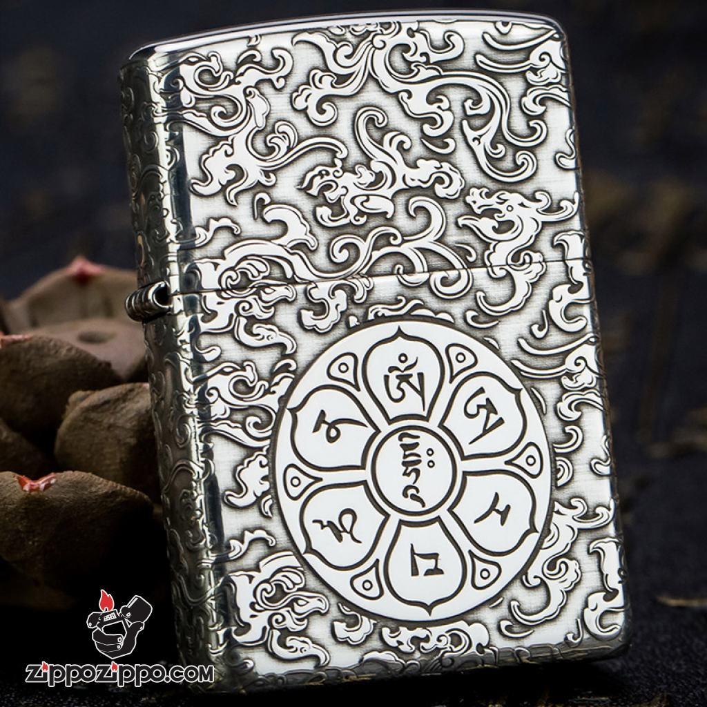 Bật Lửa Zippo Bạc Nguyên Khối Cao Cấp Khắc Lục Tự Đại Minh Chú Armor