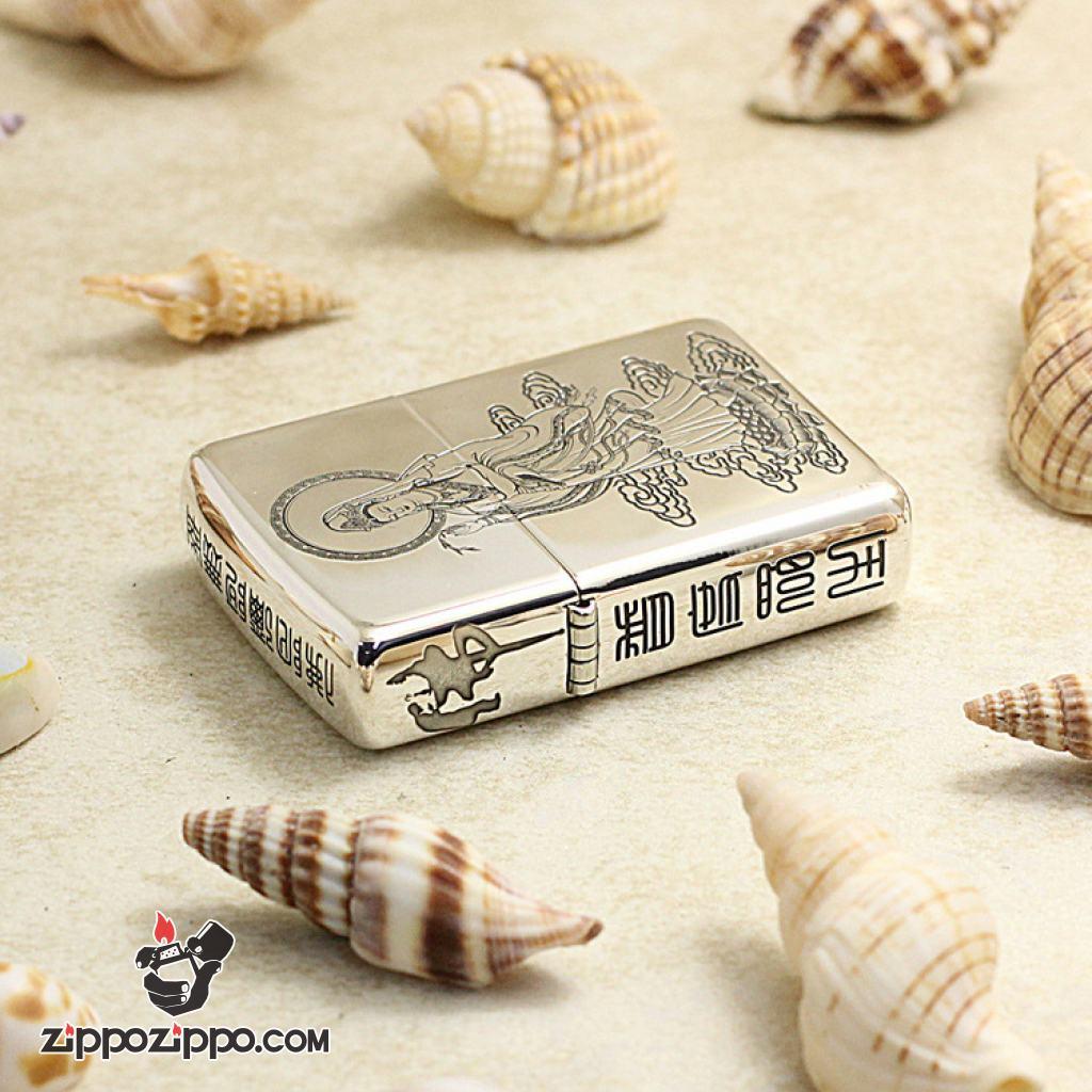 Bật Lửa Zippo Bạc Nguyên Khối Cao Cấp Khắc Phật Bà Quan Âm