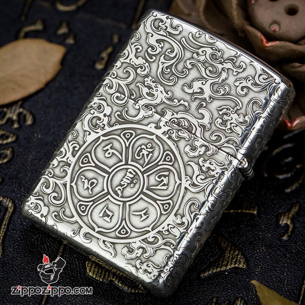 Bật Lửa Zippo Bạc Nguyên Khối Cao Cấp Khắc Lục Tự Đại Minh Chú Armor