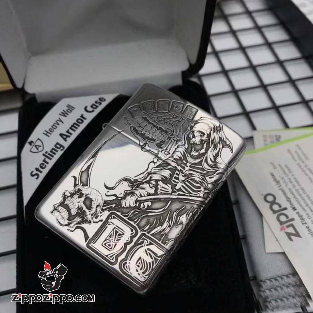 Bật Lửa Zippo Bạc Nguyên Khối Cao Cấp Khắc Thần Chết Armor