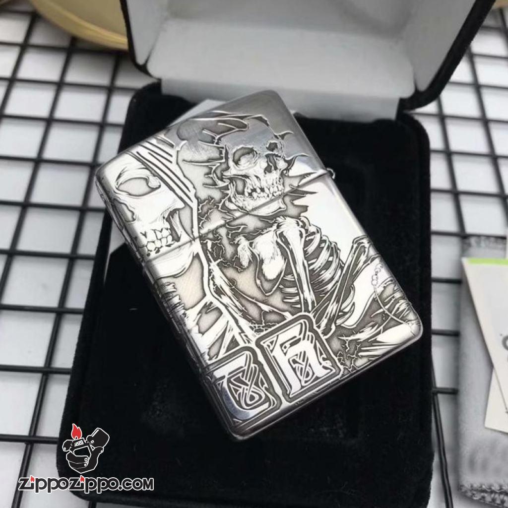 Bật Lửa Zippo Bạc Nguyên Khối Cao Cấp Khắc Thần Chết Armor