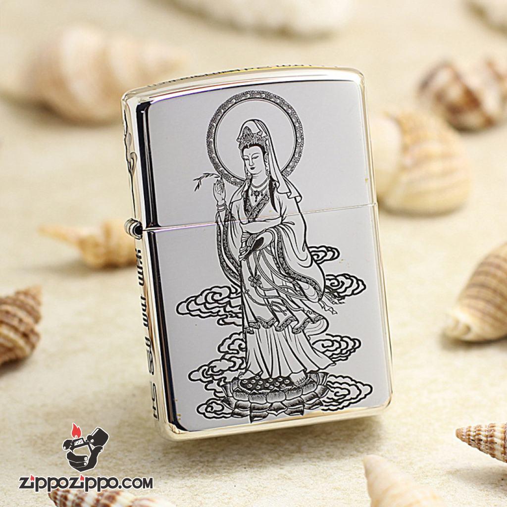 Bật Lửa Zippo Bạc Nguyên Khối Cao Cấp Khắc Phật Bà Quan Âm